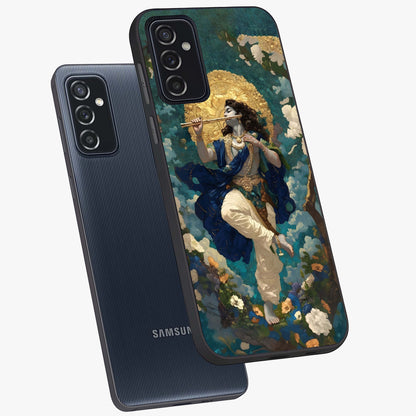 Divine Krishna Art Glass Case displayed in angled mockup highlighting spiritual Krishna illustration with devotional aesthetic.