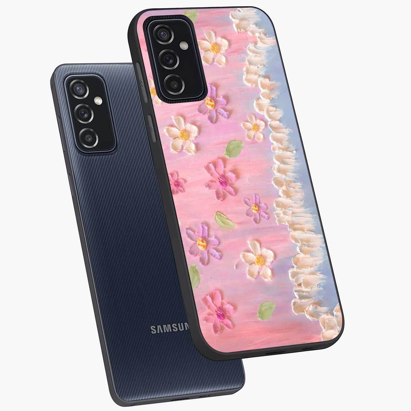 Dreamy Painted Garden Glass Case displayed in angled mockup highlighting colorful garden illustration with dreamy aesthetic style.