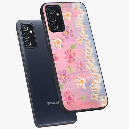 Dreamy Painted Garden Glass Case displayed in angled mockup highlighting colorful garden illustration with dreamy aesthetic style.