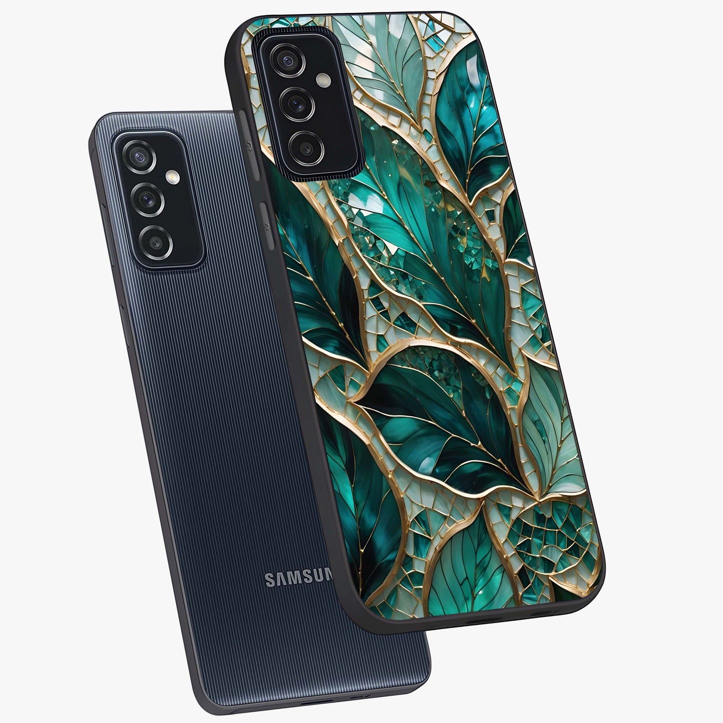 Emerald Leaf Glass Glass Case displayed in angled mockup highlighting botanical leaf illustration with elegant natural aesthetic.