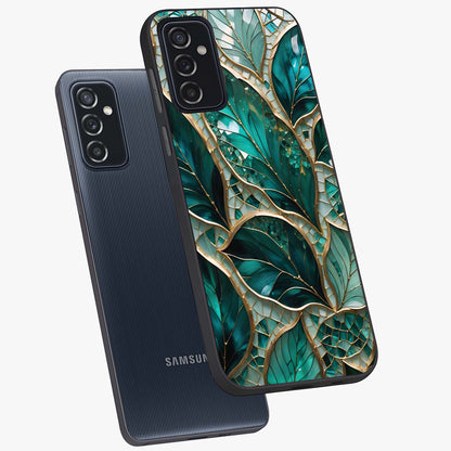 Emerald Leaf Glass Glass Case displayed in angled mockup highlighting botanical leaf illustration with elegant natural aesthetic.