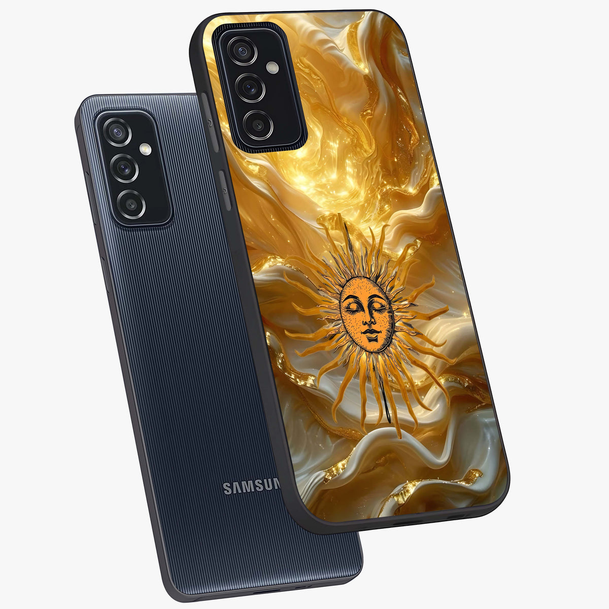 Eternal Golden Glow Glass Case displayed in angled mockup highlighting glowing golden aesthetic design with elegant style.