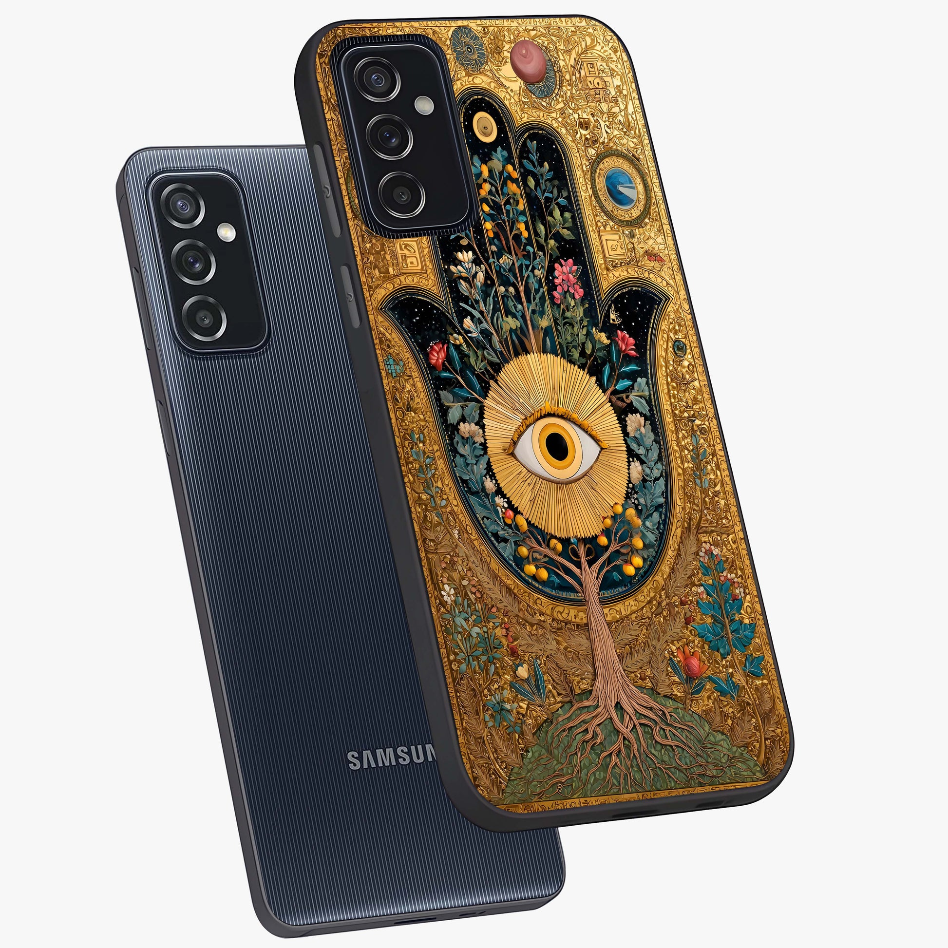 Ethereal Evil Eye Glass Case displayed in angled mockup highlighting protective evil eye symbol with spiritual aesthetic design.