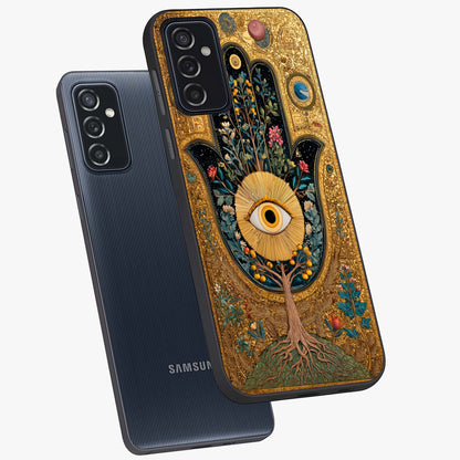Ethereal Evil Eye Glass Case displayed in angled mockup highlighting protective evil eye symbol with spiritual aesthetic design.