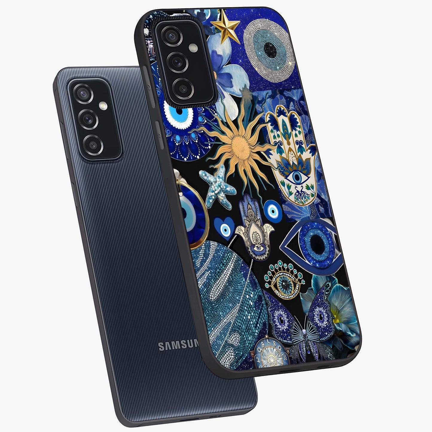 Evil Eye Charm Mix Glass Case displayed in angled mockup highlighting protective evil eye symbols with spiritual aesthetic design.