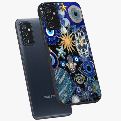 Evil Eye Charm Mix Glass Case displayed in angled mockup highlighting protective evil eye symbols with spiritual aesthetic design.