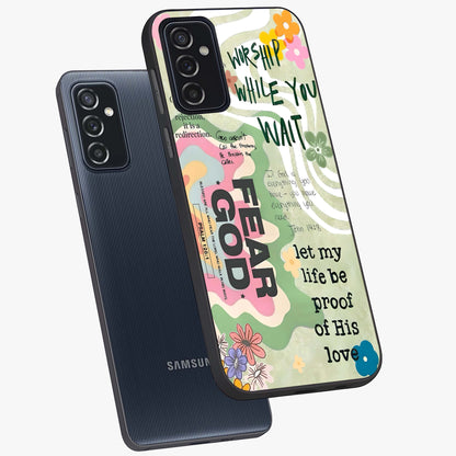 Faith Over Fear Glass Case displayed in angled mockup highlighting inspirational message design with modern aesthetic style.