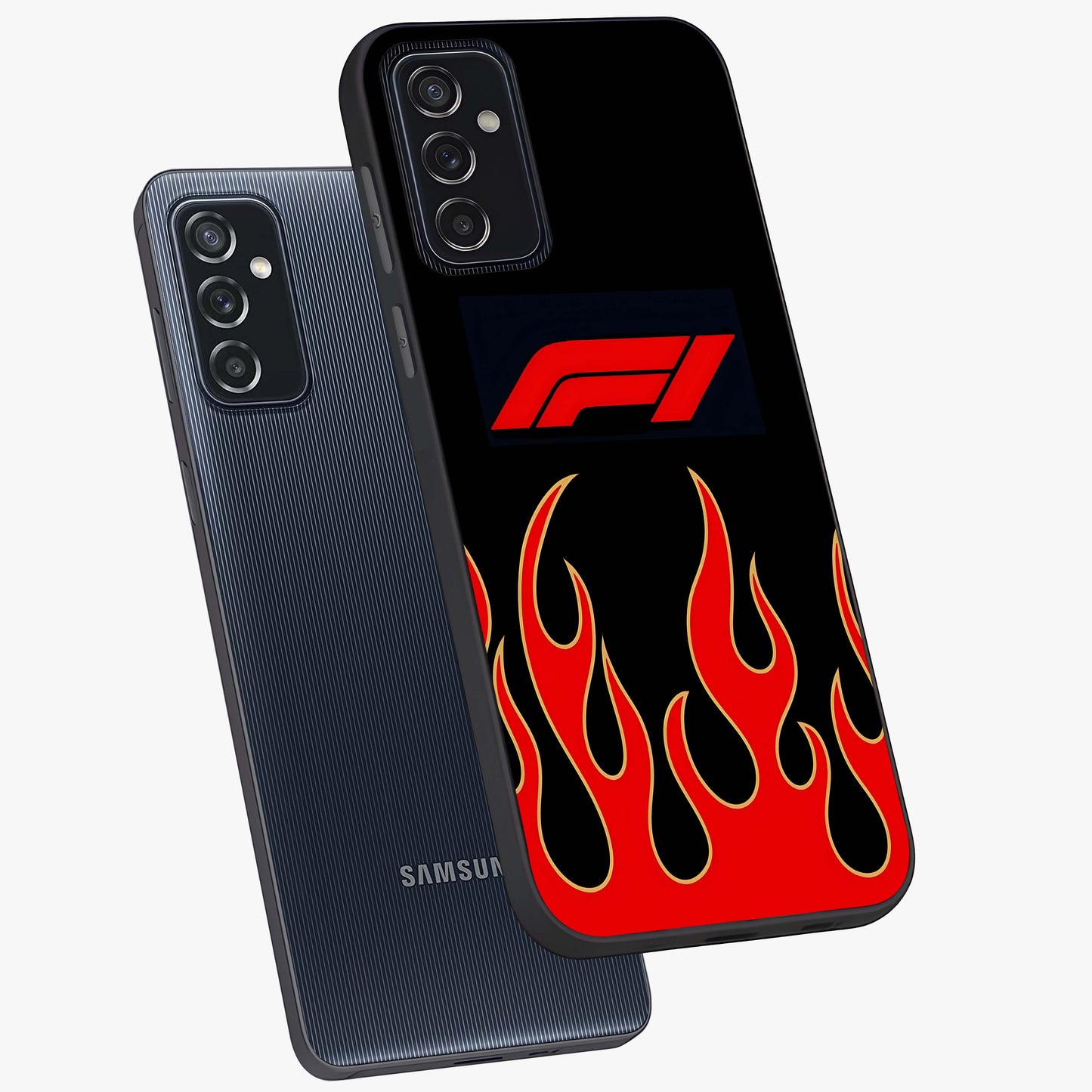 Fire F11 Glass Case displayed in angled mockup highlighting bold fire inspired graphic with energetic aesthetic style.