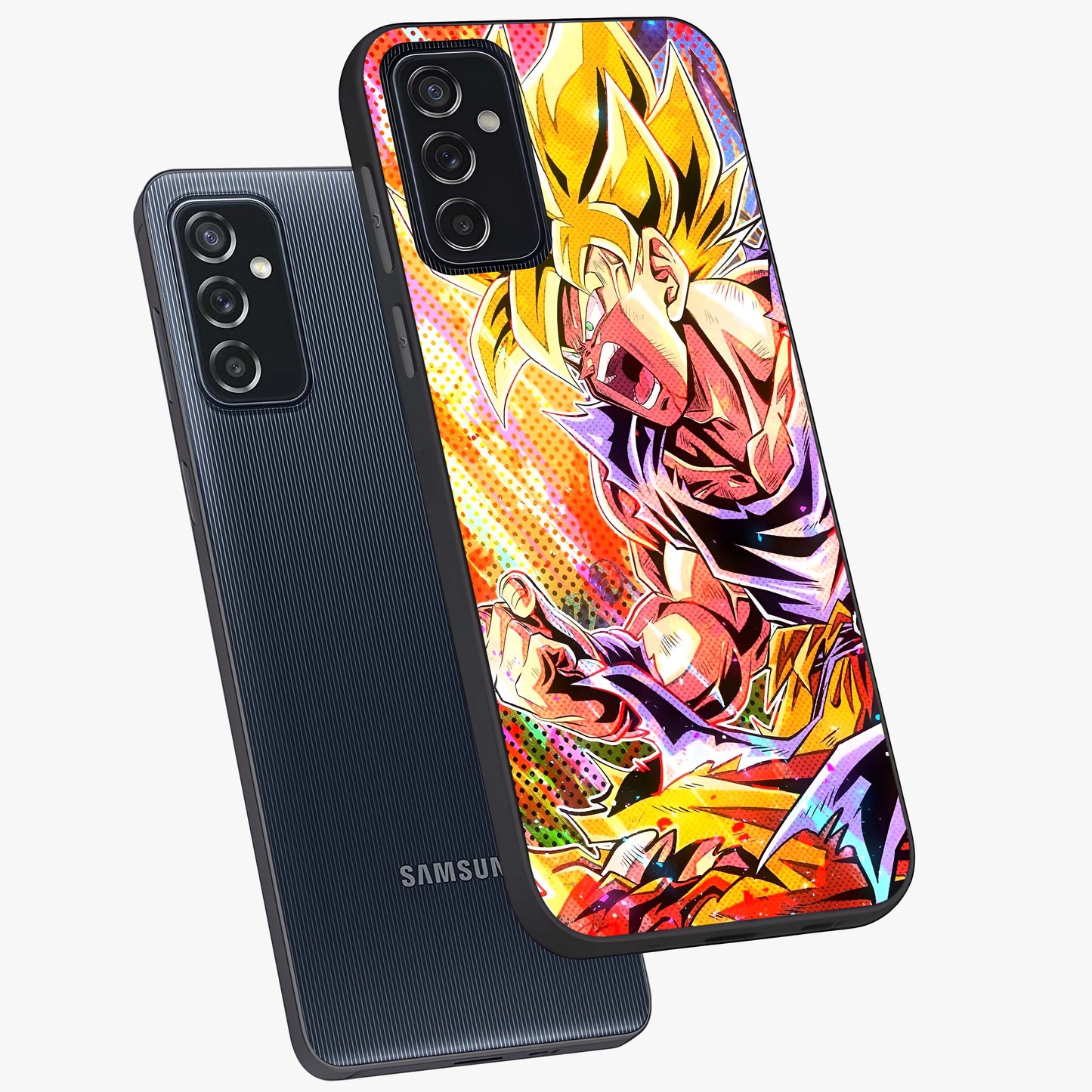 Firing Goku Glass Case displayed in angled mockup highlighting dynamic anime character design with action aesthetic.
