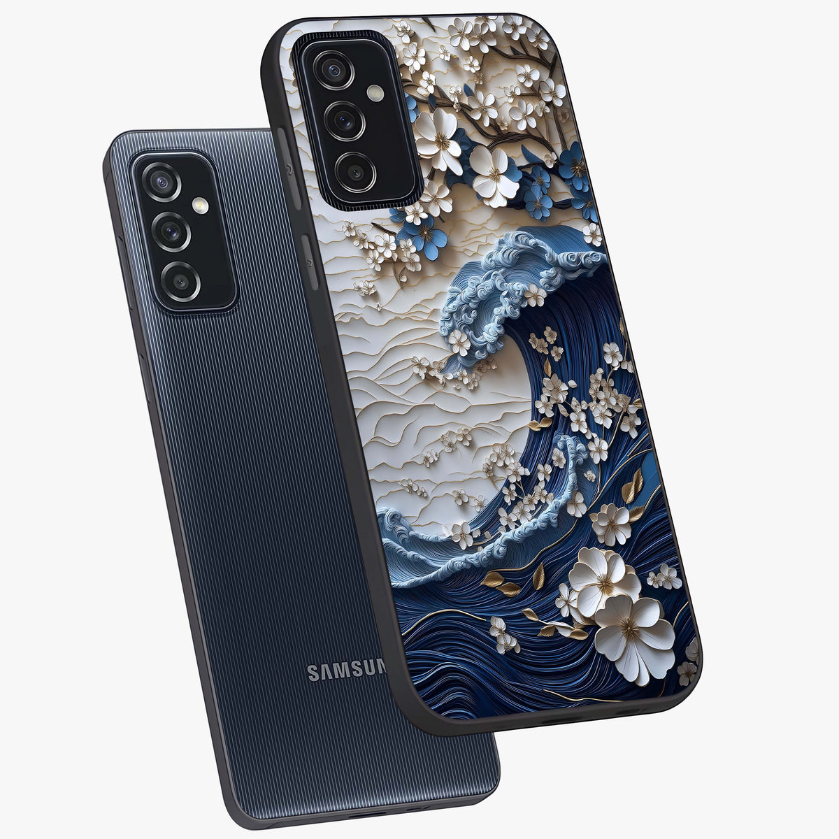Floral Wave Origami Glass Case displayed in angled mockup highlighting geometric origami flower design with modern aesthetic style.
