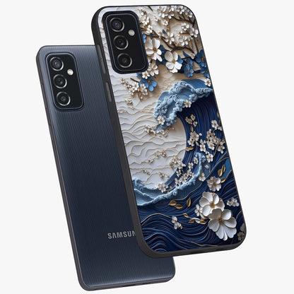 Floral Wave Origami Glass Case displayed in angled mockup highlighting geometric origami flower design with modern aesthetic style.