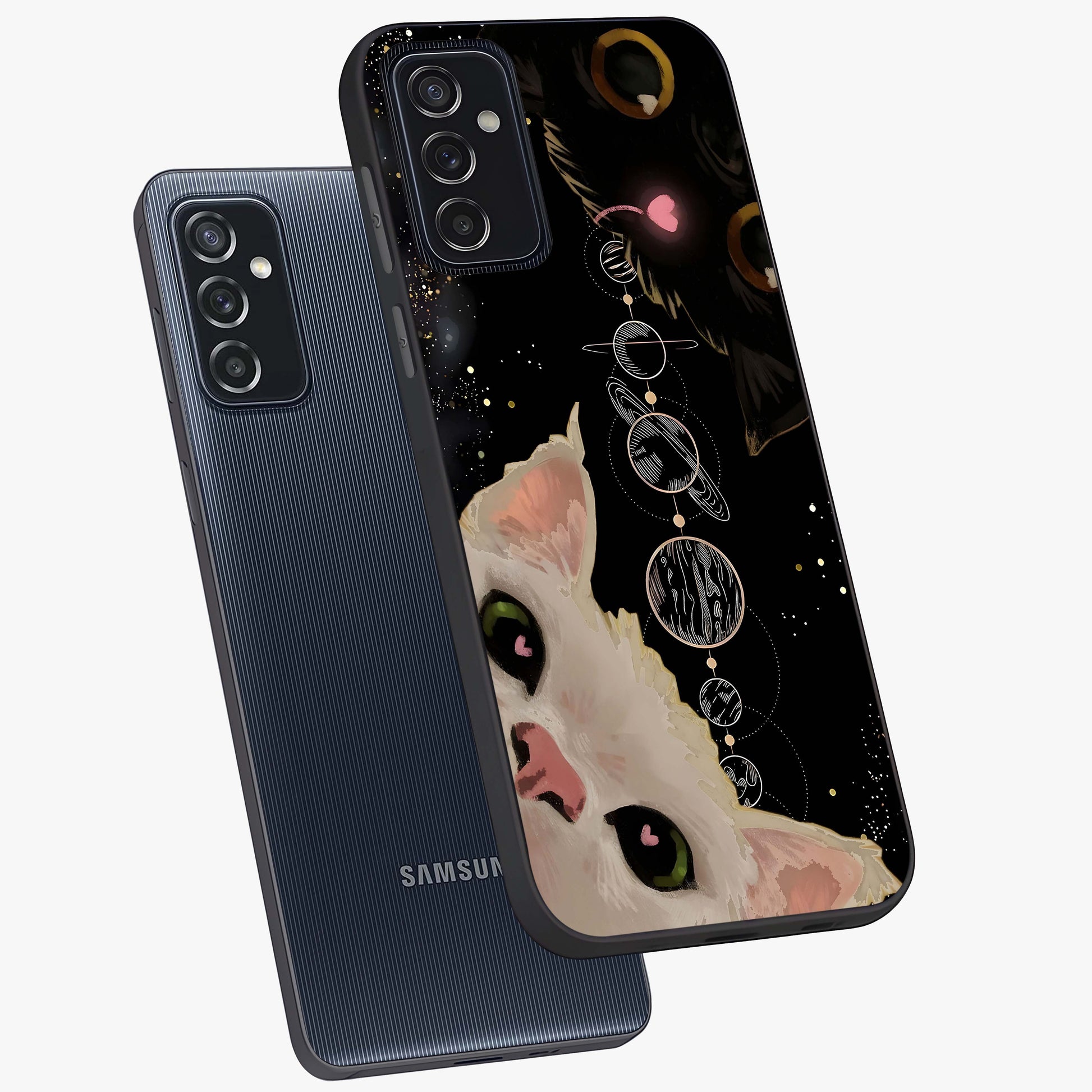 Galactic Cat Glass Case displayed in angled mockup highlighting celestial feline illustration with galaxy aesthetic style.