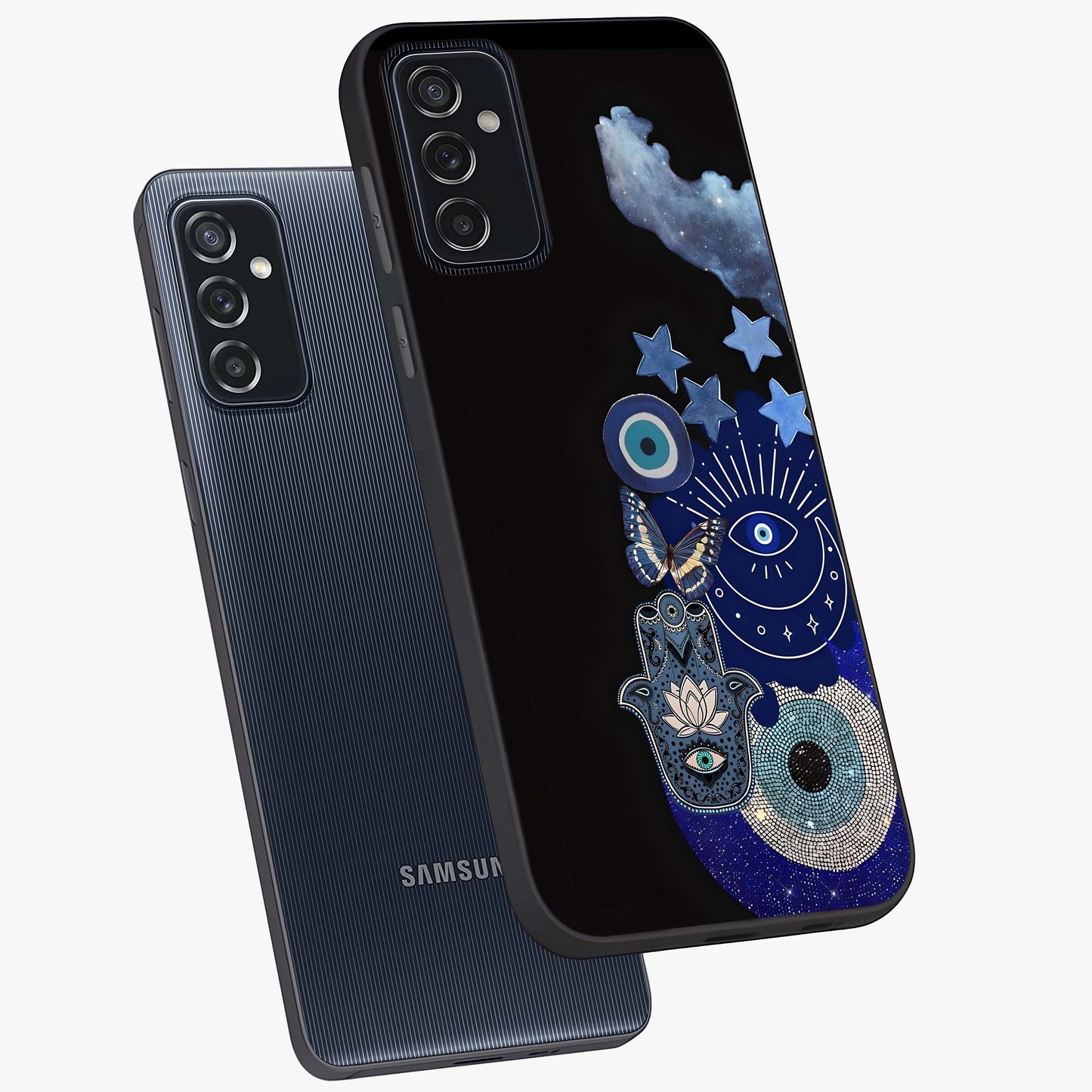Galactic Charm Cluster Glass Case displayed in angled mockup highlighting luminous galaxy inspired design with dreamy aesthetic.