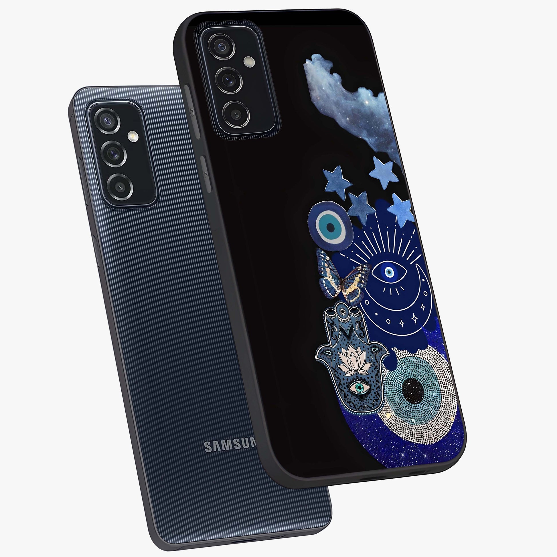 Galactic Charm Cluster Glass Case displayed in angled mockup highlighting luminous galaxy inspired design with dreamy aesthetic.