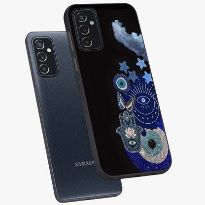 Galactic Charm Cluster Glass Case displayed in angled mockup highlighting luminous galaxy inspired design with dreamy aesthetic.