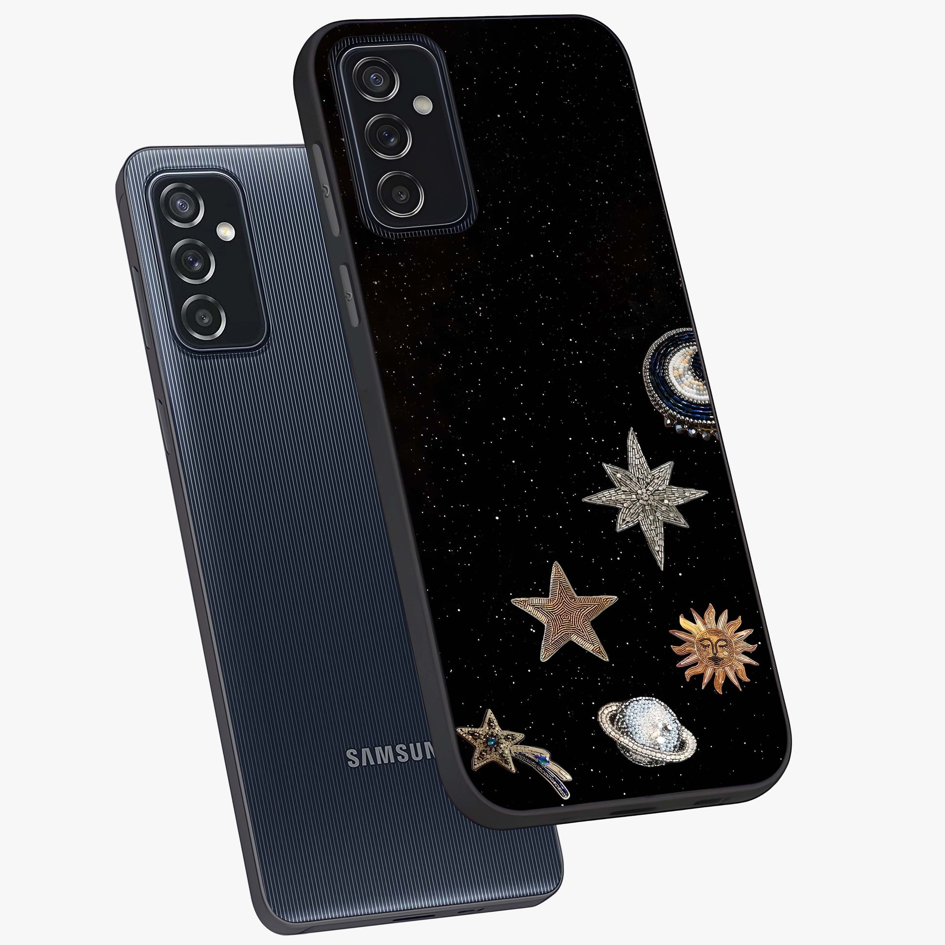 Galactic Charm Glow Glass Case displayed in angled mockup highlighting luminous galaxy inspired design with dreamy aesthetic.