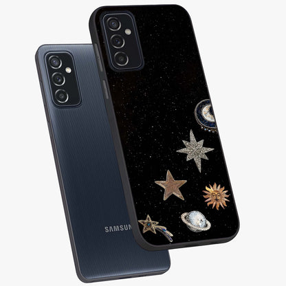 Galactic Charm Glow Glass Case displayed in angled mockup highlighting luminous galaxy inspired design with dreamy aesthetic.