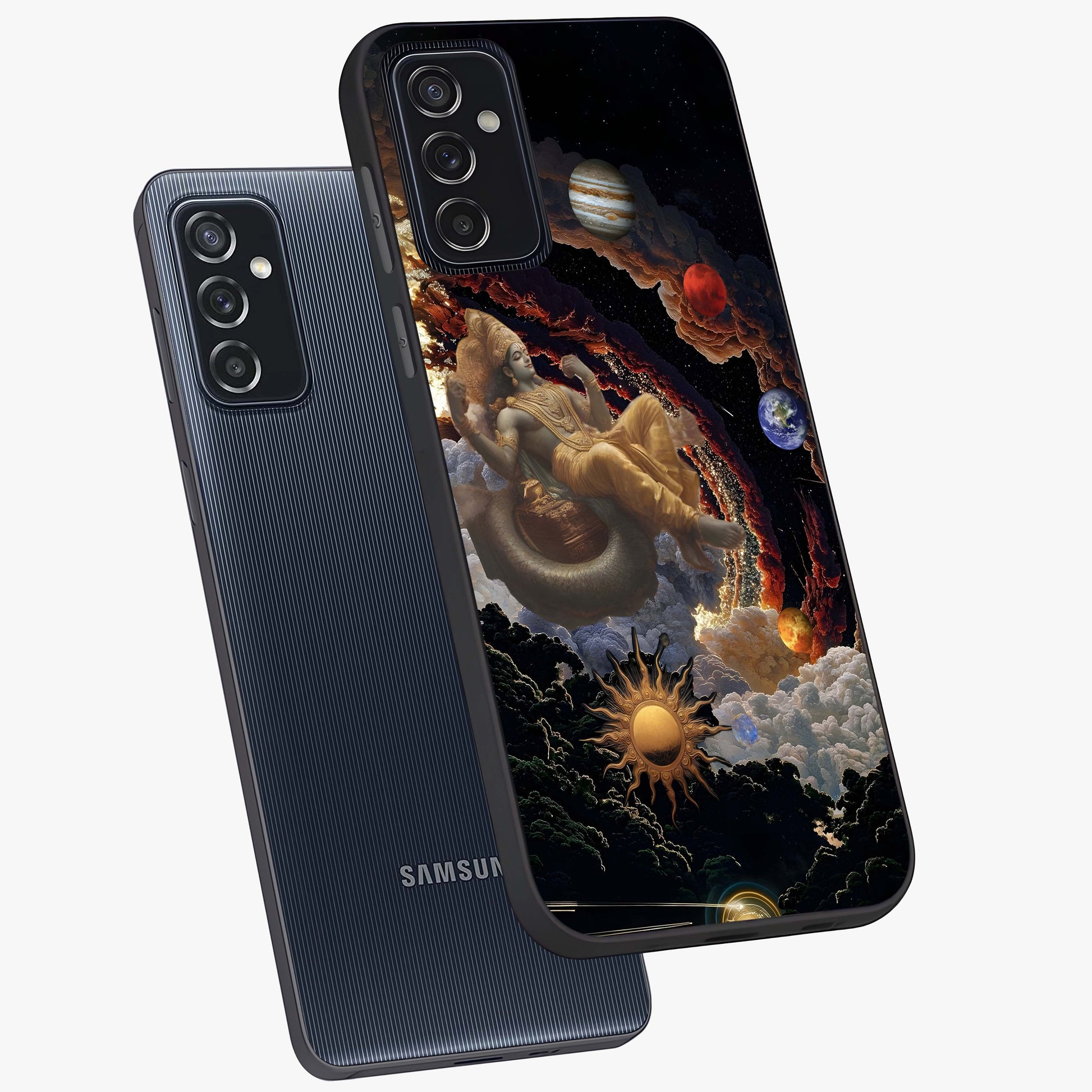 Galactic Divine God Glass Case displayed in angled mockup highlighting powerful celestial deity illustration with galactic aesthetic.