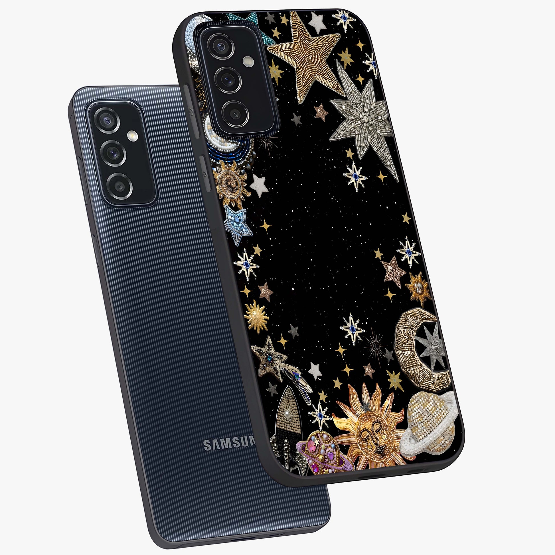 Galactic Jewel Stars Glass Case displayed in angled mockup highlighting shining celestial star design with cosmic aesthetic style.