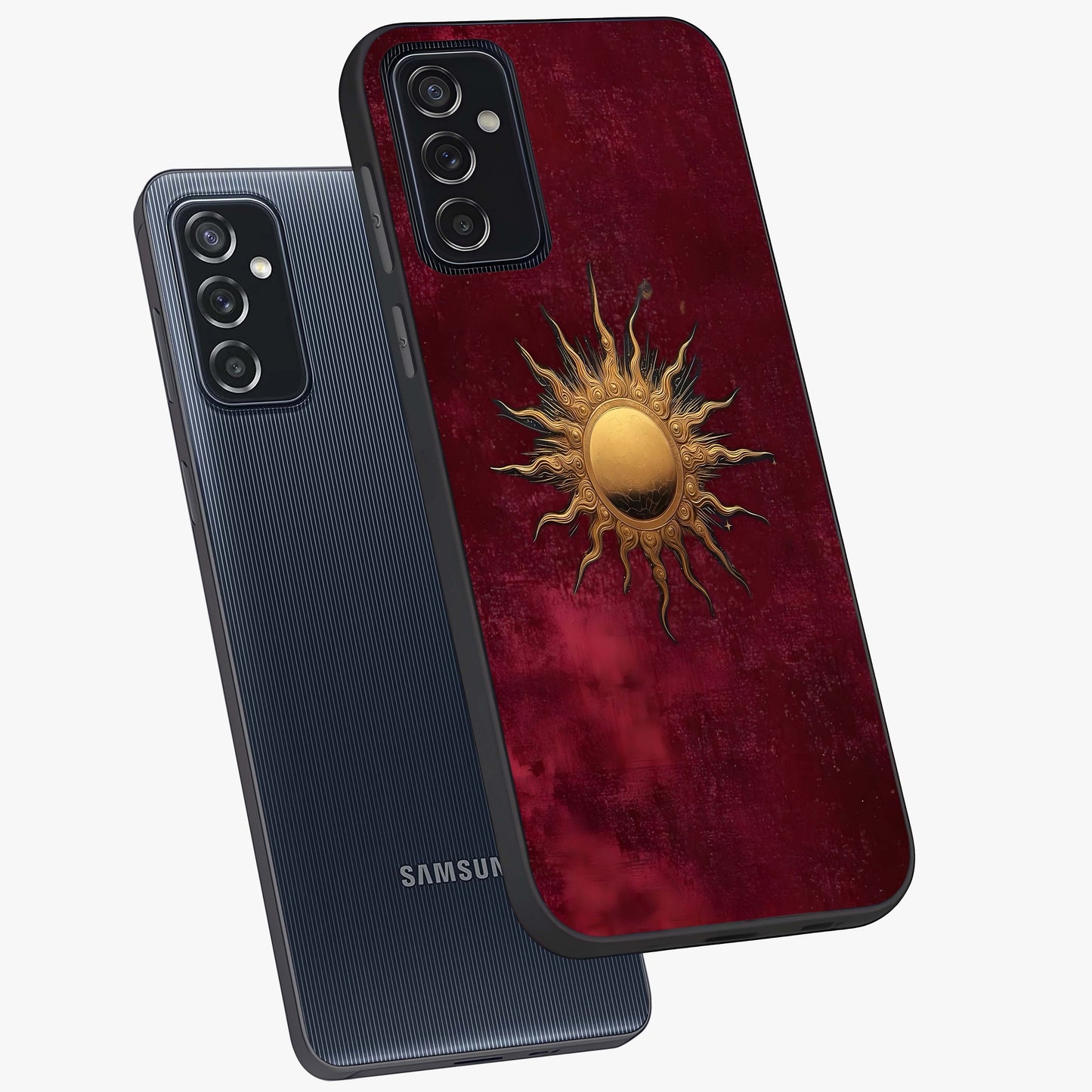Golden Sun Minimalism Glass Case displayed in angled mockup highlighting clean sun symbol design with modern minimal aesthetic.