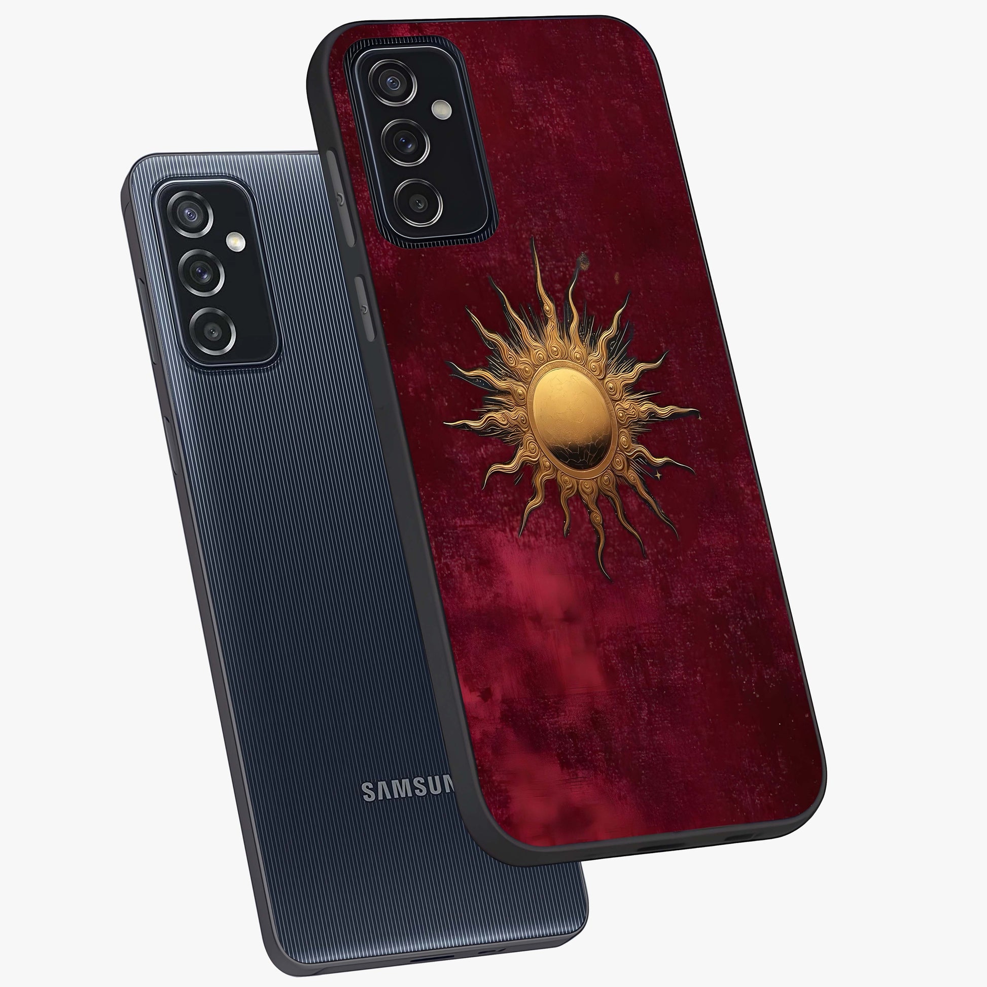 Golden Sun Minimalism Glass Case displayed in angled mockup highlighting clean sun symbol design with modern minimal aesthetic.