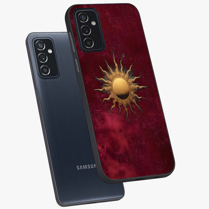 Golden Sun Minimalism Glass Case displayed in angled mockup highlighting clean sun symbol design with modern minimal aesthetic.