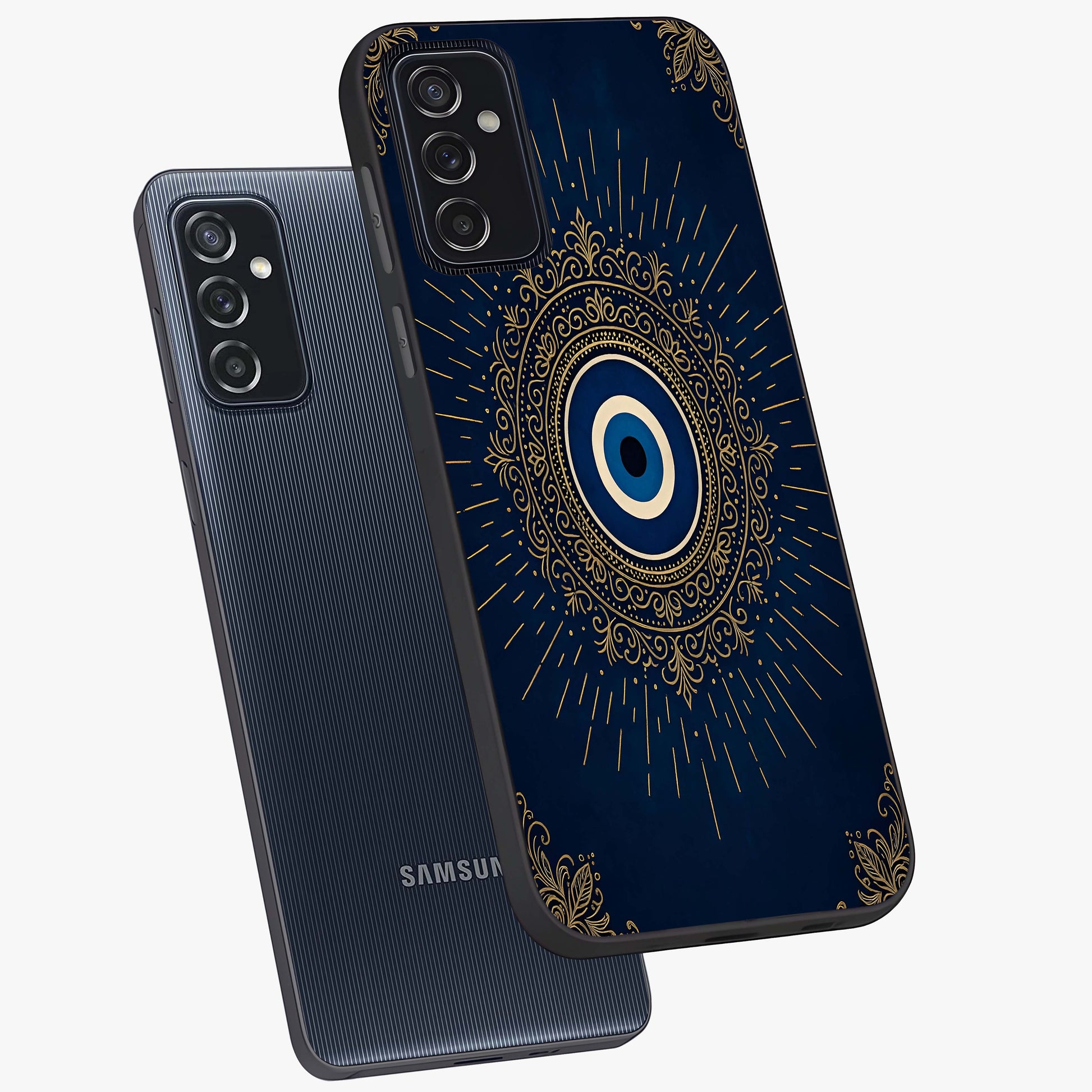 Golden Celestial Charm Glass Case displayed in angled mockup highlighting sparkling cosmic charm design with celestial aesthetic.