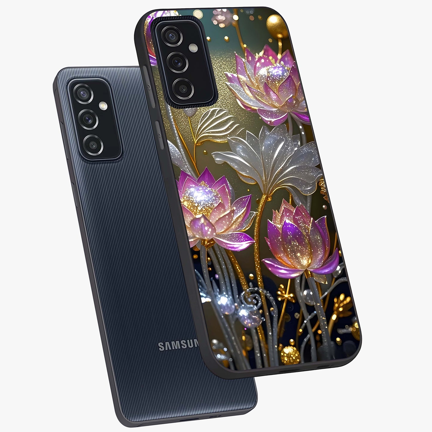 Golden Floral Majesty Glass Case displayed in angled mockup highlighting elegant flower design with royal golden aesthetic.