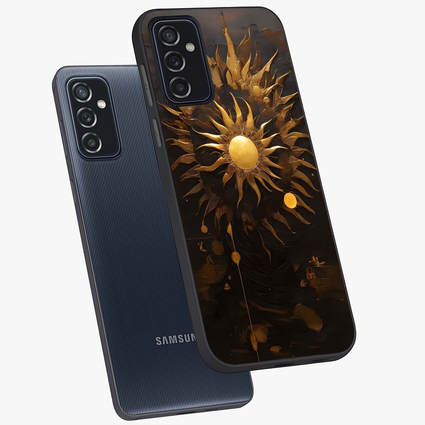 Golden Sun Majesty Glass Case displayed in angled mockup highlighting eerie shadow illustration with gothic aesthetic.