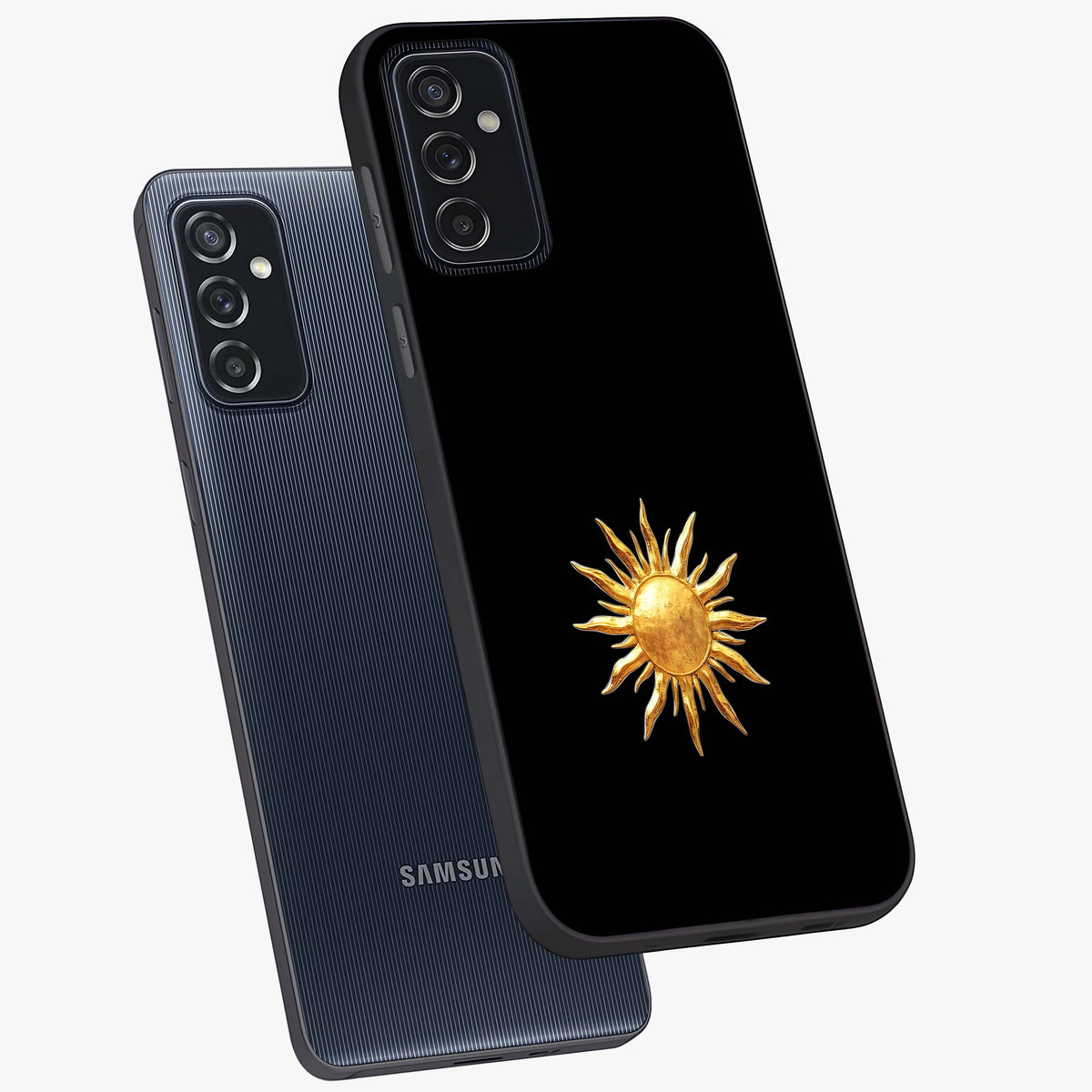 Golden Sun Minimalism Glass Case displayed in angled mockup highlighting eerie shadow illustration with gothic aesthetic.