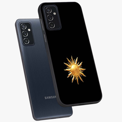 Golden Sun Minimalism Glass Case displayed in angled mockup highlighting eerie shadow illustration with gothic aesthetic.