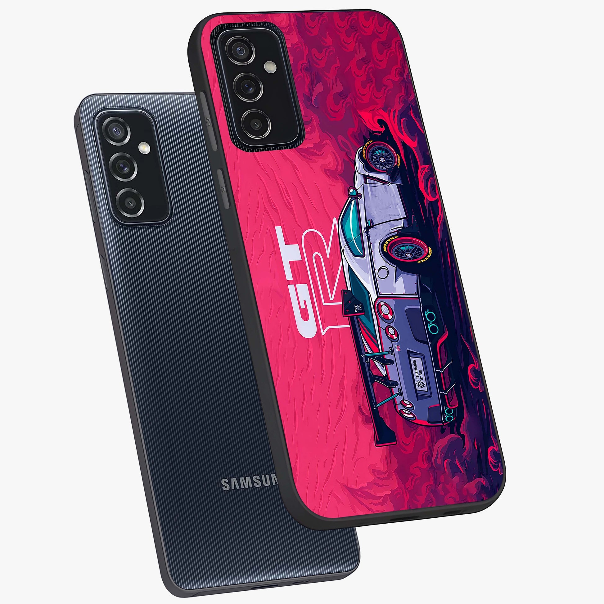 GT-R Car Pattern Glass Case displayed in angled mockup highlighting racing car graphic design with bold automotive aesthetic.