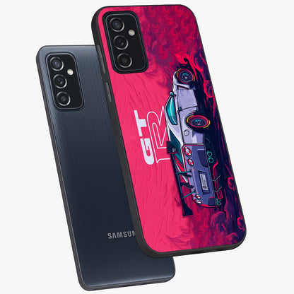 GT-R Car Pattern Glass Case displayed in angled mockup highlighting racing car graphic design with bold automotive aesthetic.