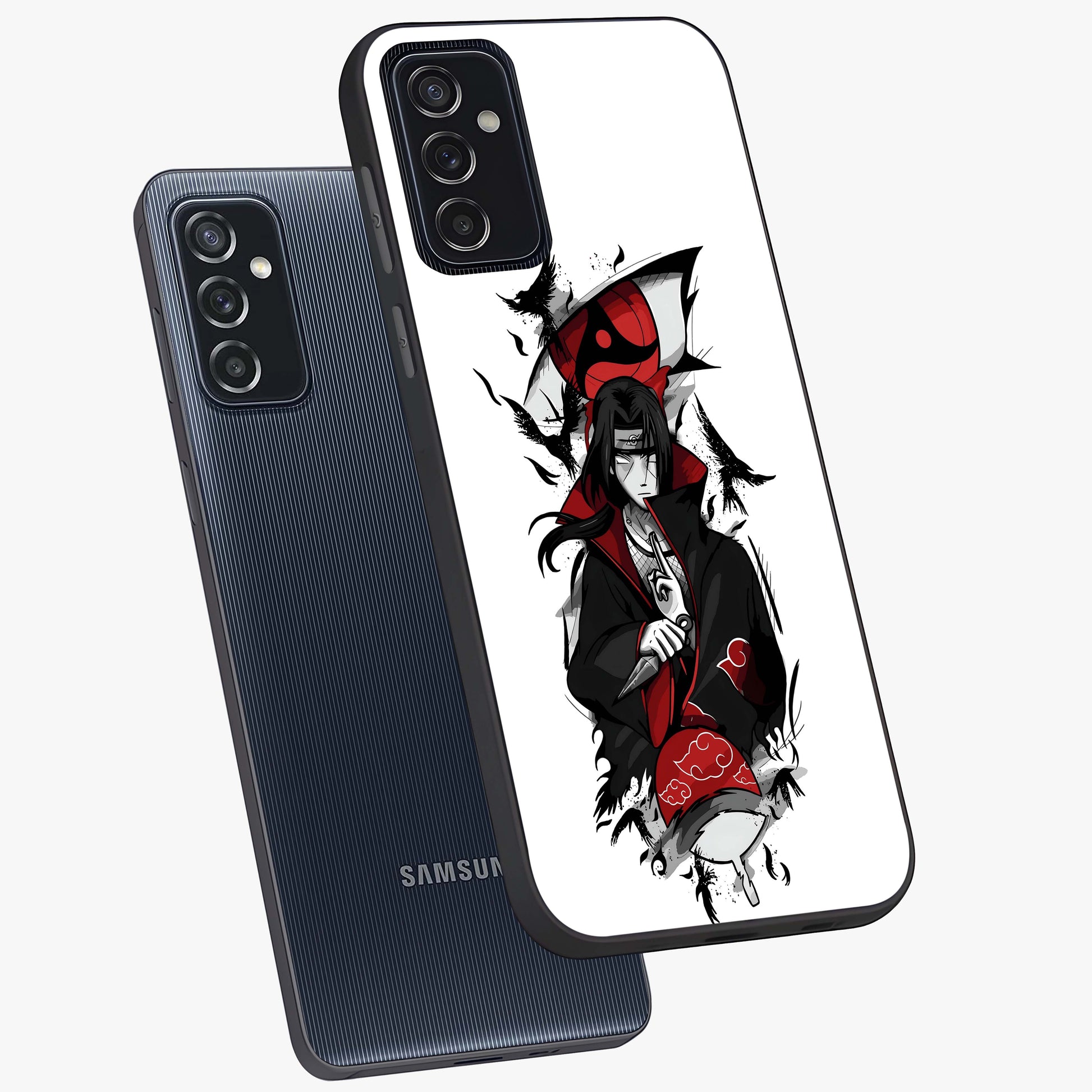 Itachi Limited Edition Naruto Anime Glass Case displayed in angled mockup highlighting dramatic anime illustration with bold action aesthetic.