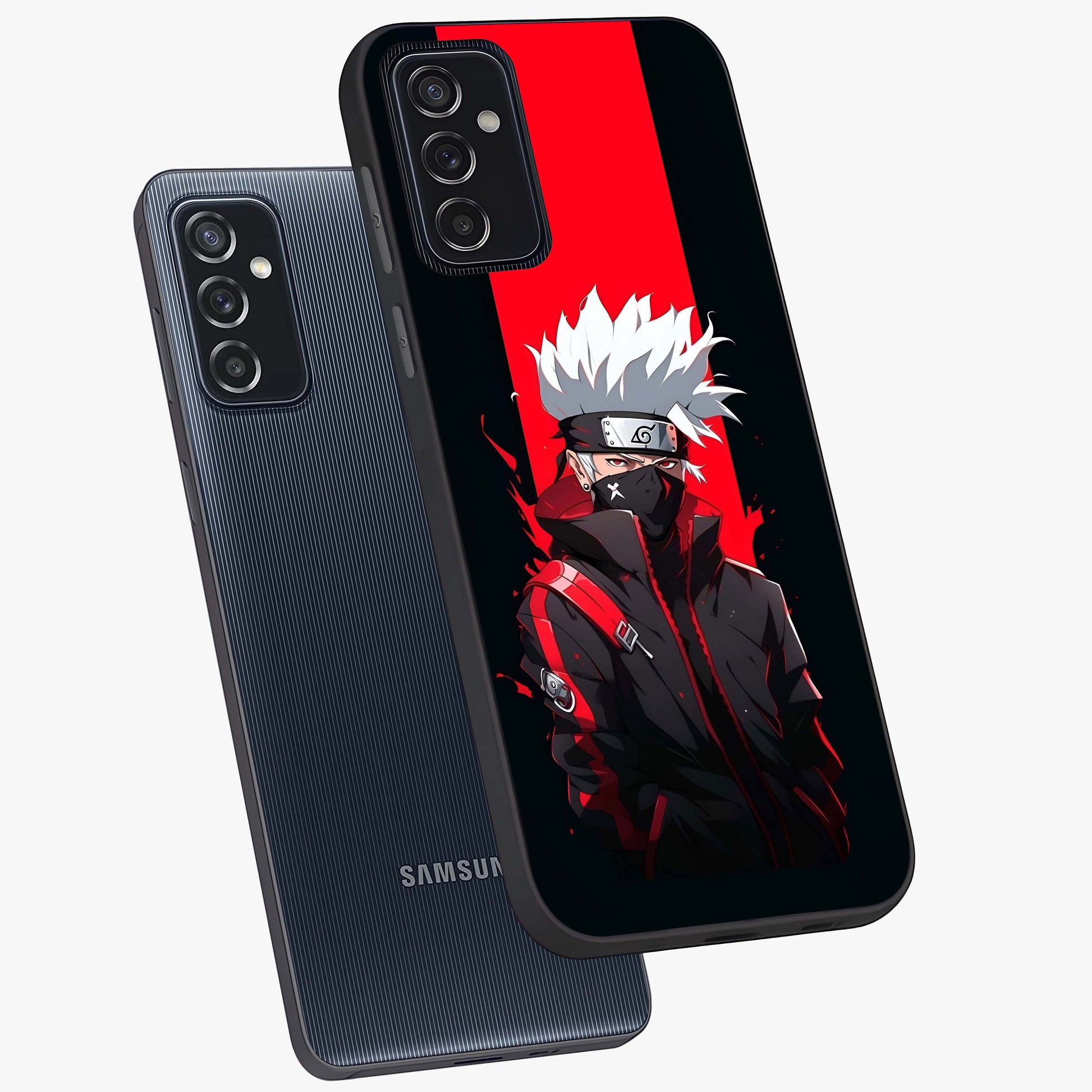 Kakashi Scarlet Shadow Glass Case displayed in angled mockup highlighting dramatic ninja illustration with scarlet themed aesthetic.