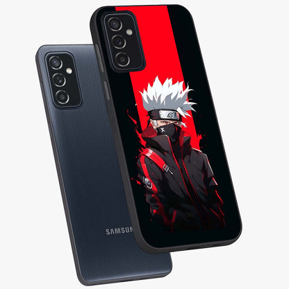 Kakashi Scarlet Shadow Glass Case displayed in angled mockup highlighting dramatic ninja illustration with scarlet themed aesthetic.
