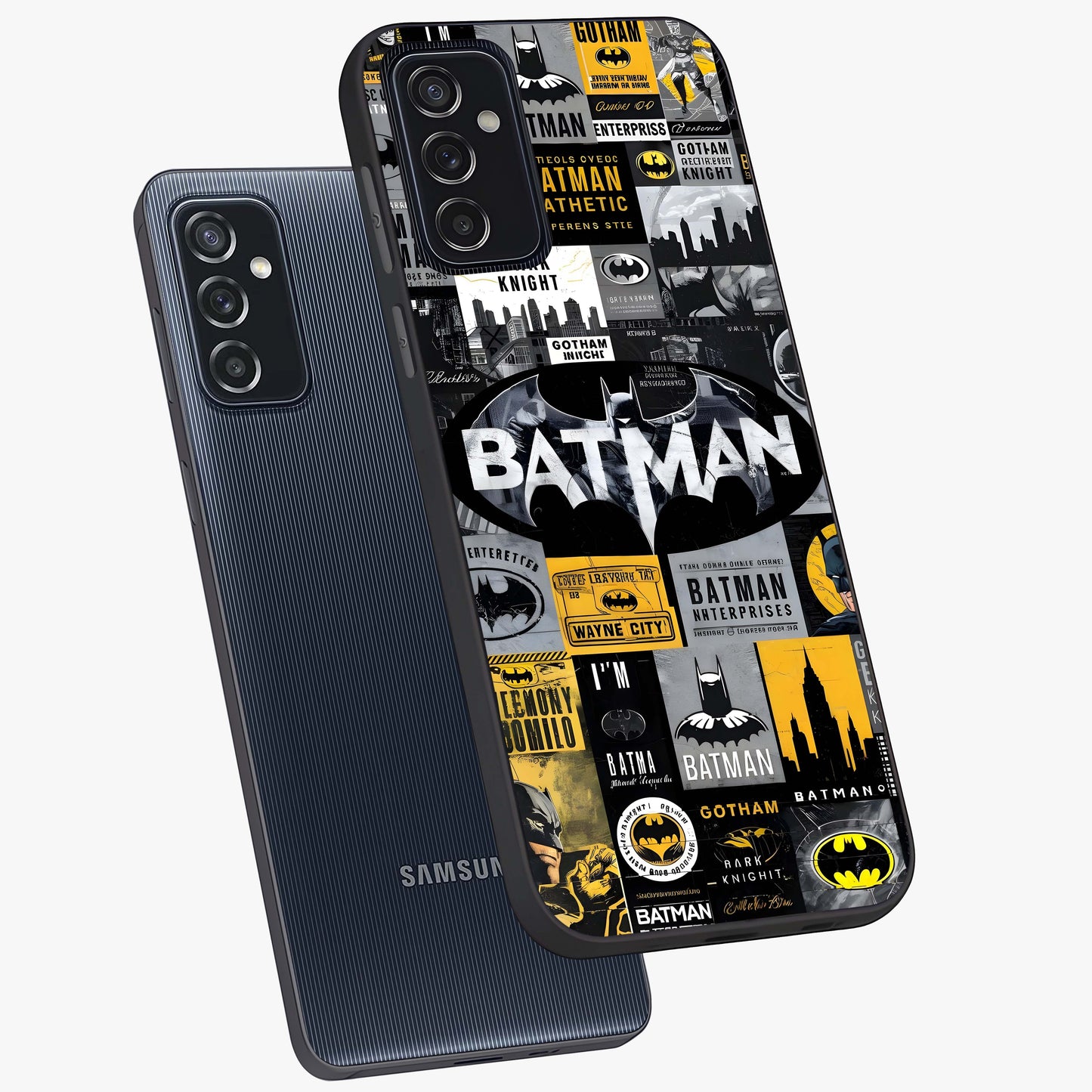 Knight Gotham Rise Glass Case displayed in angled mockup highlighting powerful knight silhouette design with dramatic aesthetic.