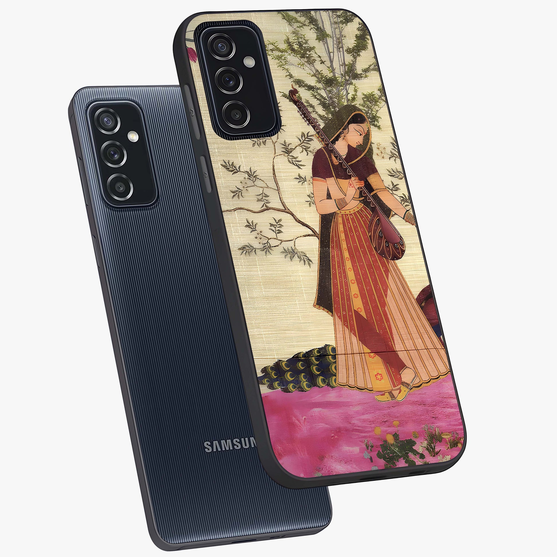Lady With Veena Art Glass Case displayed in angled mockup highlighting graceful musical illustration with cultural artistic aesthetic.