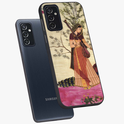 Lady With Veena Art Glass Case displayed in angled mockup highlighting graceful musical illustration with cultural artistic aesthetic.