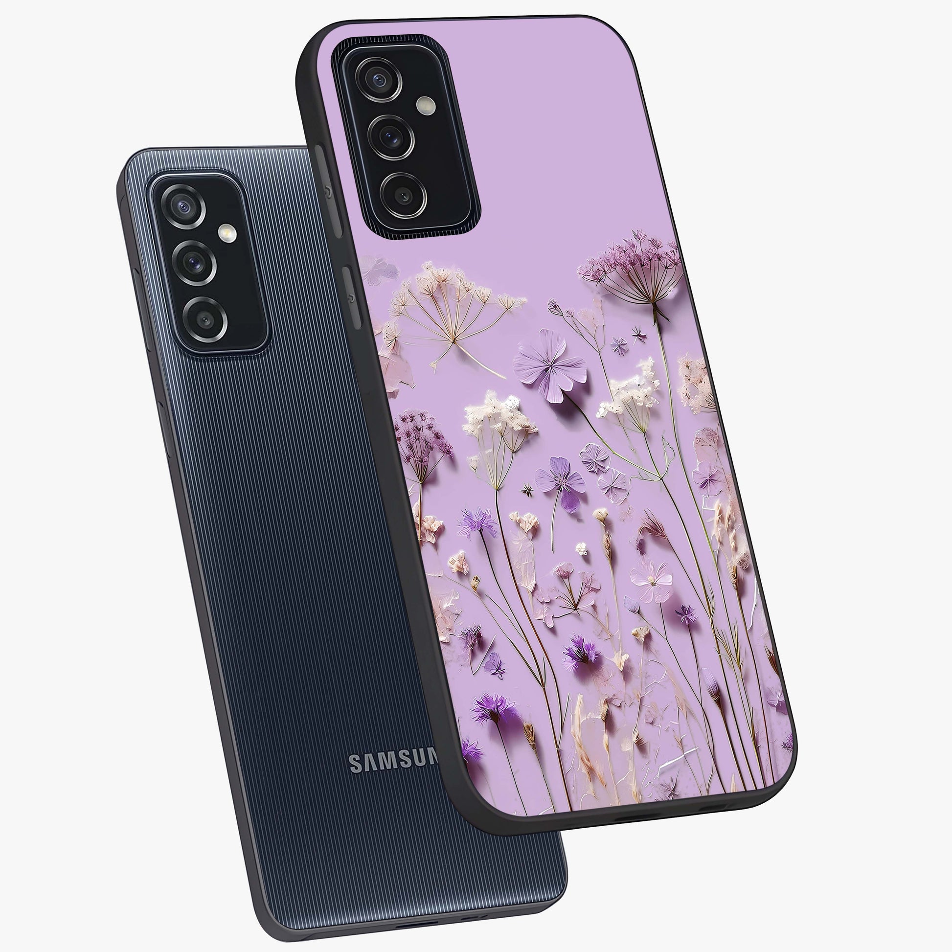 Lavender Blossom Dream Glass Case displayed in angled mockup highlighting dreamy lavender flower design with calming aesthetic style.