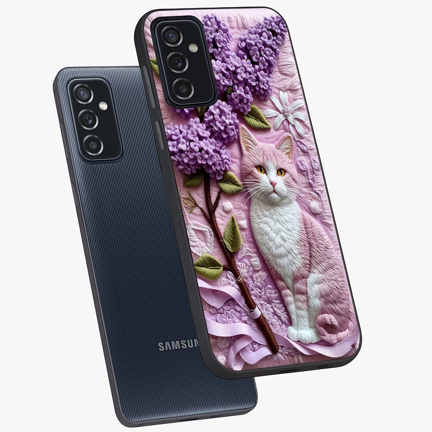 Lavender Cat Whimsy Glass Case displayed in angled mockup highlighting playful feline illustration with pastel lavender aesthetic.
