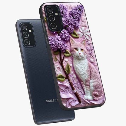 Lavender Cat Whimsy Glass Case displayed in angled mockup highlighting playful feline illustration with pastel lavender aesthetic.