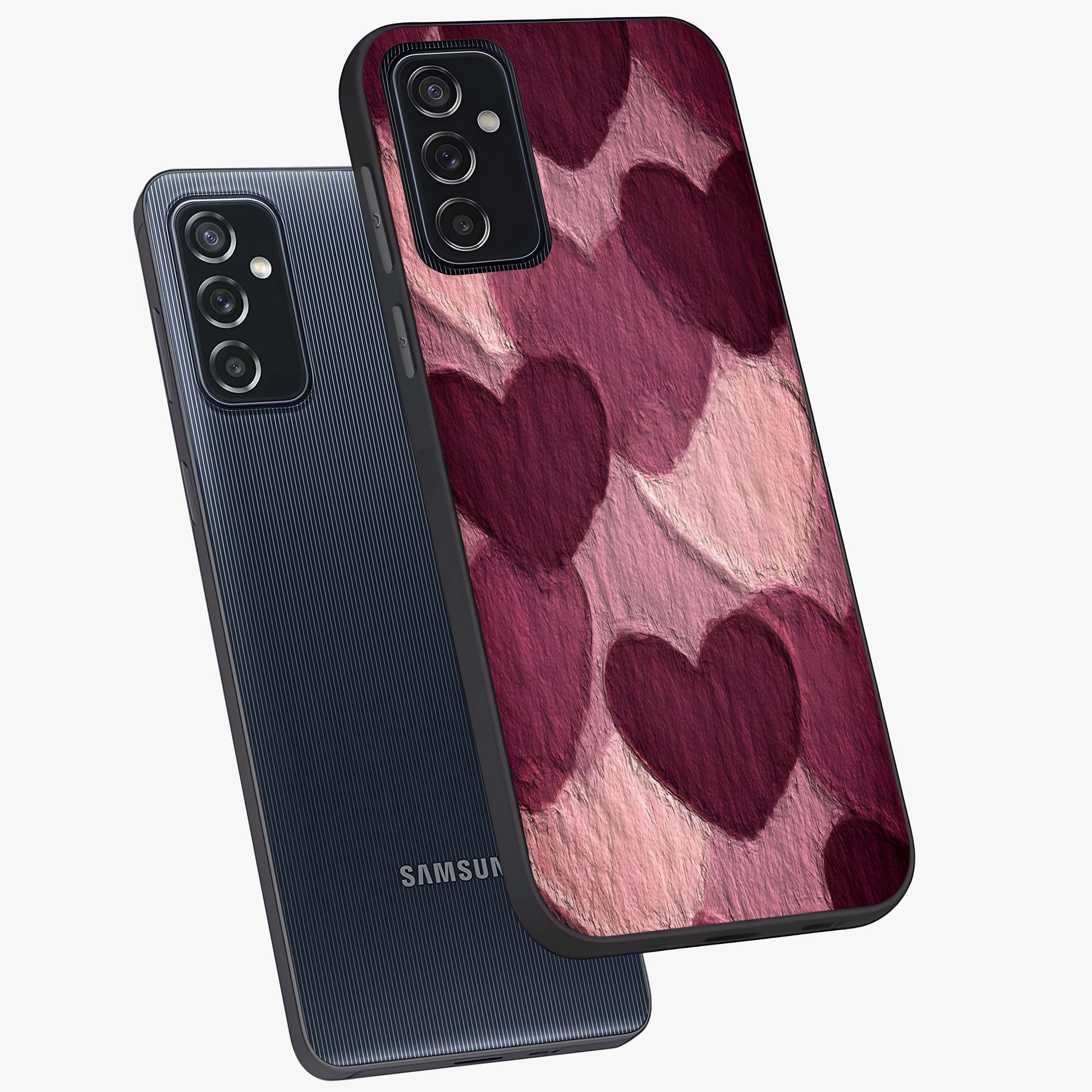 Layered Paper Hearts Glass Case displayed in angled mockup highlighting creative paper craft heart design with romantic aesthetic.
