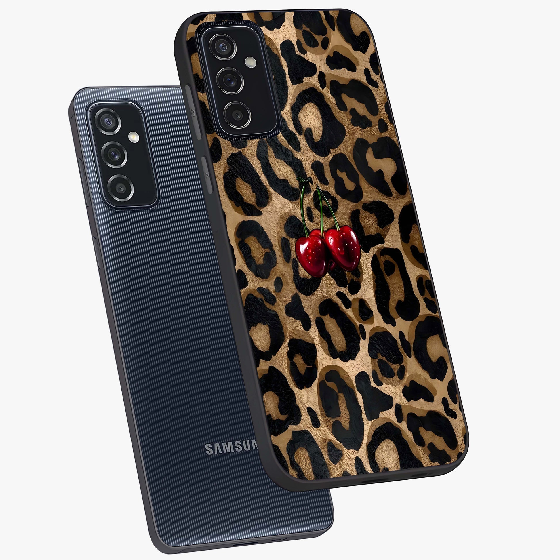 Leopard Wild Cherry Glass Case displayed in angled mockup highlighting bold animal print design with playful cherry aesthetic.