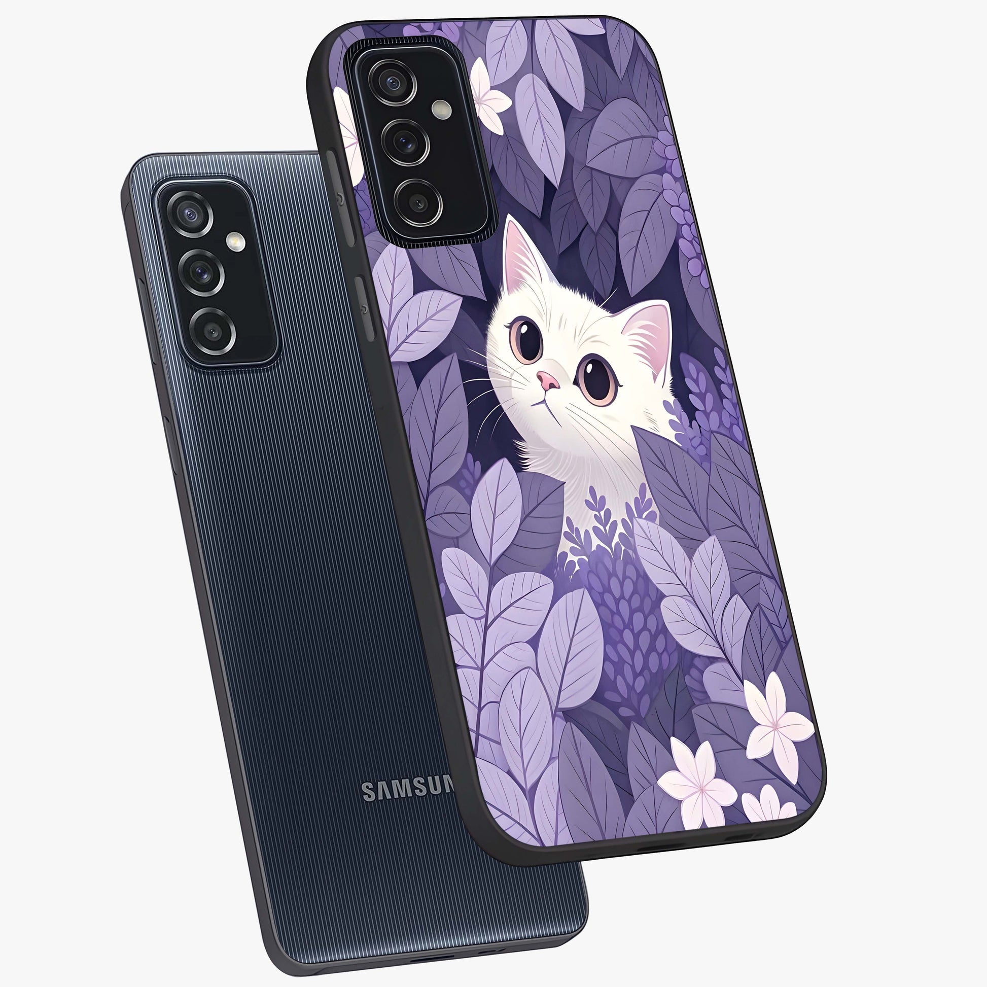 Lilac Hide Peek Cat Glass Case displayed in angled mockup highlighting playful feline illustration with lilac aesthetic design.