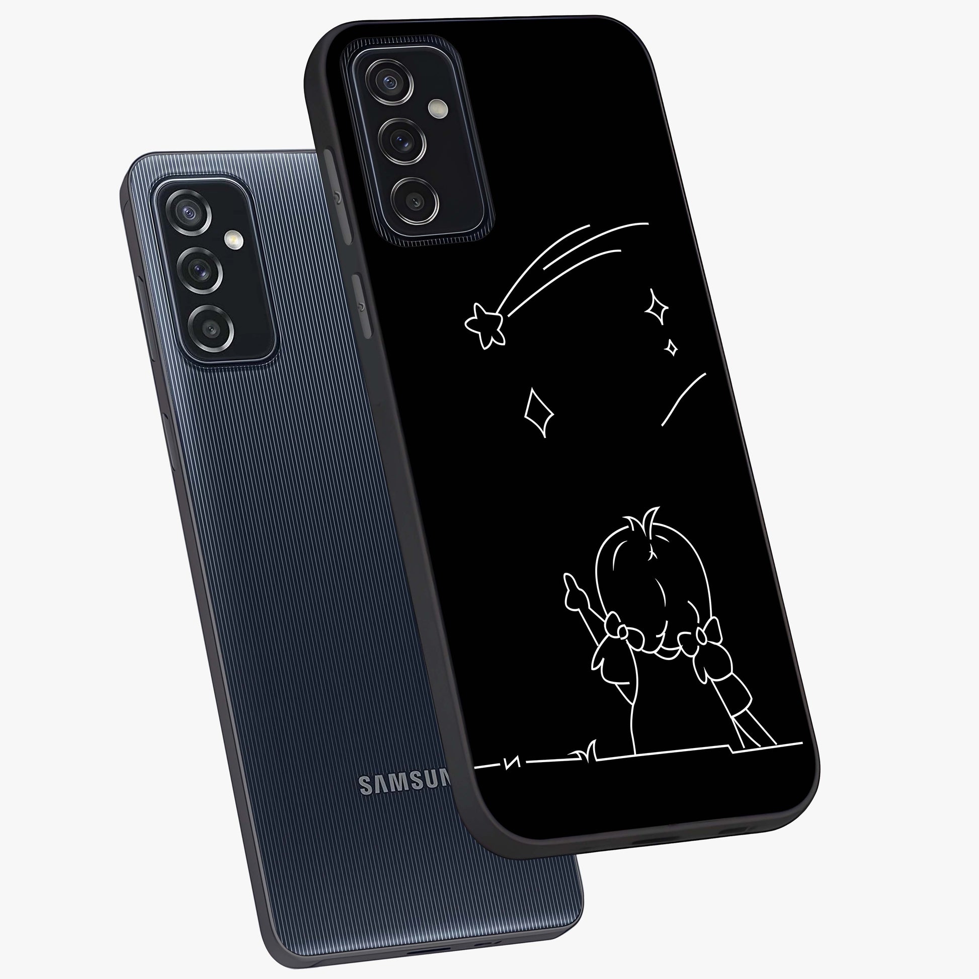 Line Art Girl With Shooting Stars Glass Case displayed in angled mockup highlighting elegant line art design with dreamy star aesthetic.