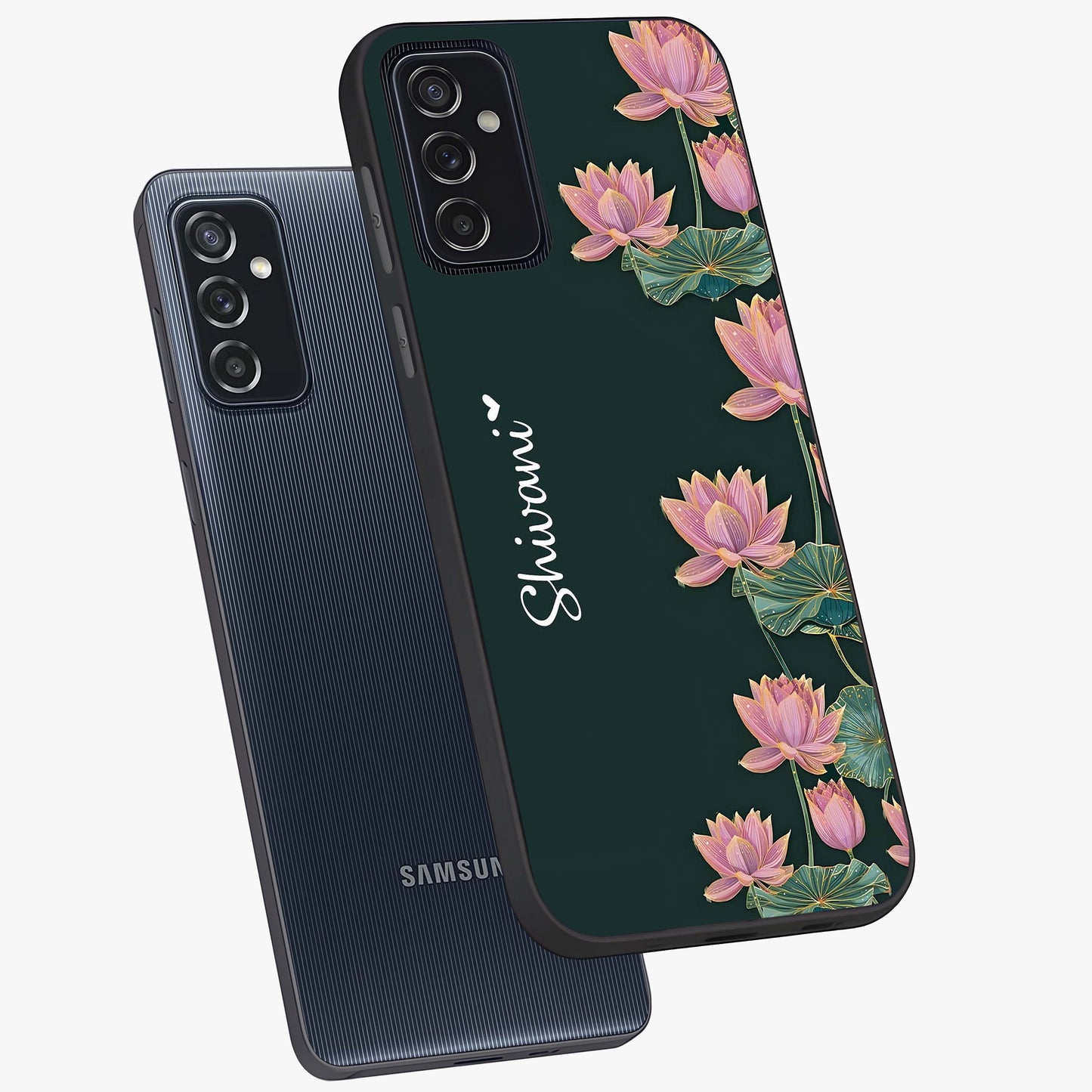 Lotus Bloom Serenity Custom Name Glass Case displayed in angled mockup highlighting graceful lotus illustration with custom name feature.