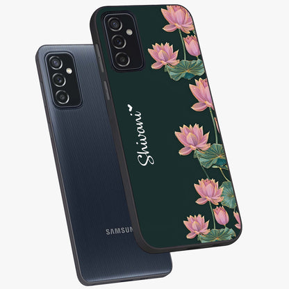 Lotus Bloom Serenity Custom Name Glass Case displayed in angled mockup highlighting graceful lotus illustration with custom name feature.