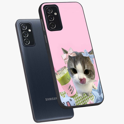 Love Matcha Cat Glass Case displayed in angled mockup highlighting playful feline illustration with cozy matcha aesthetic.