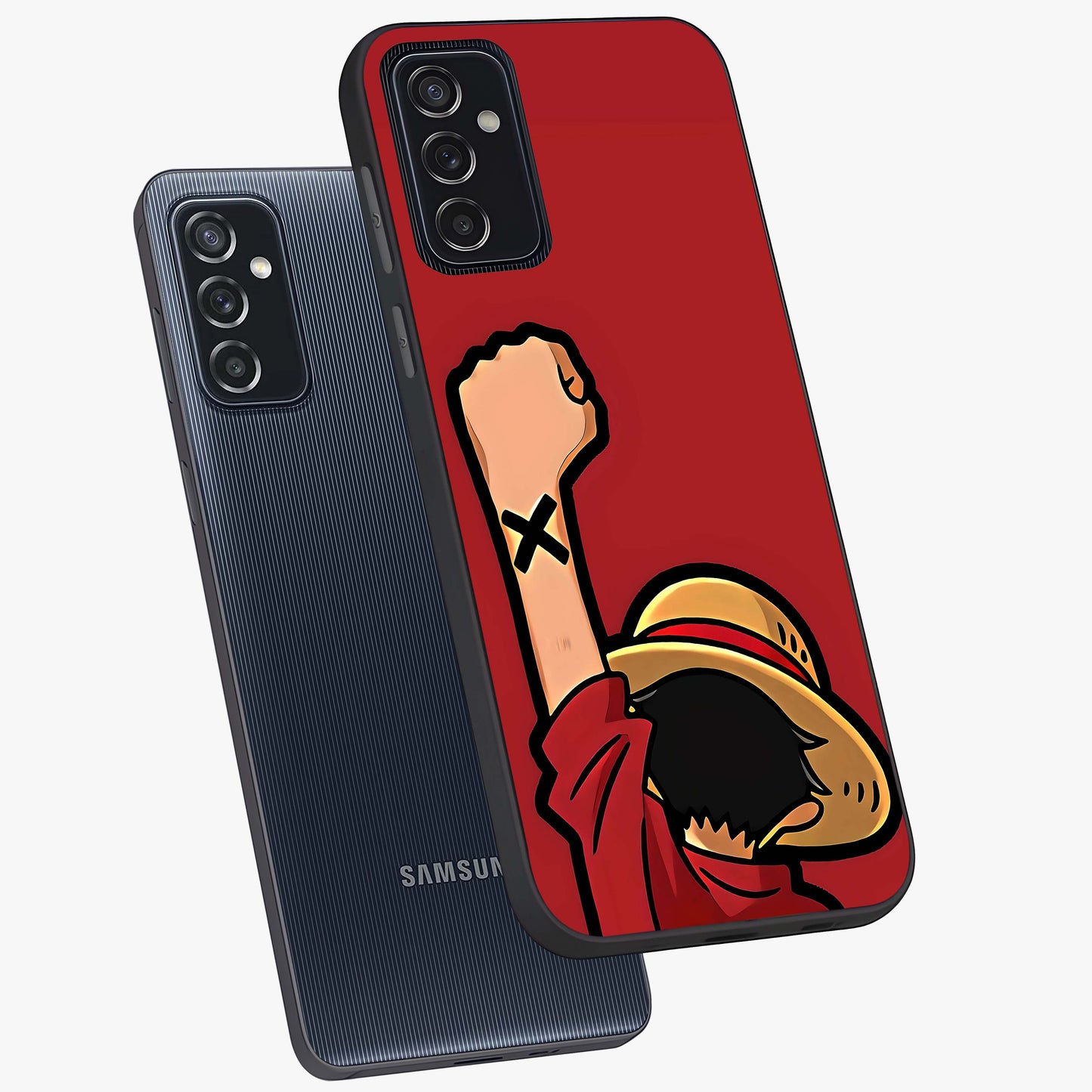 Luffy X Spirit Glass Case displayed in angled mockup highlighting powerful anime design with energetic action aesthetic.